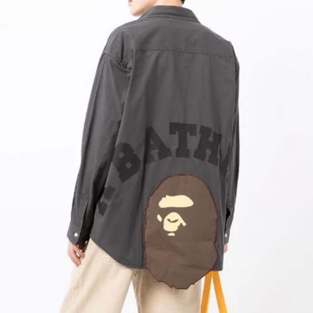 A BATHING APE Milo-patch cotton shirt Men’s Relaxed Fit Long Sleeve Grey Size L